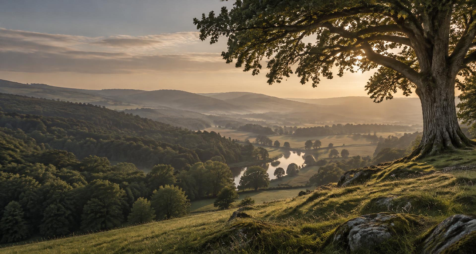 An oak tree overlooking a peaceful river valley and rolling countryside
